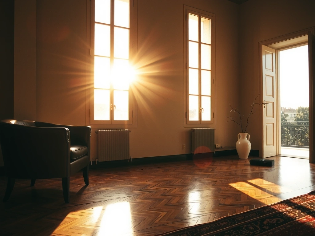 An atmospheric, wide-angle shot of a perfectly ordered Parisian living room at golden hour.