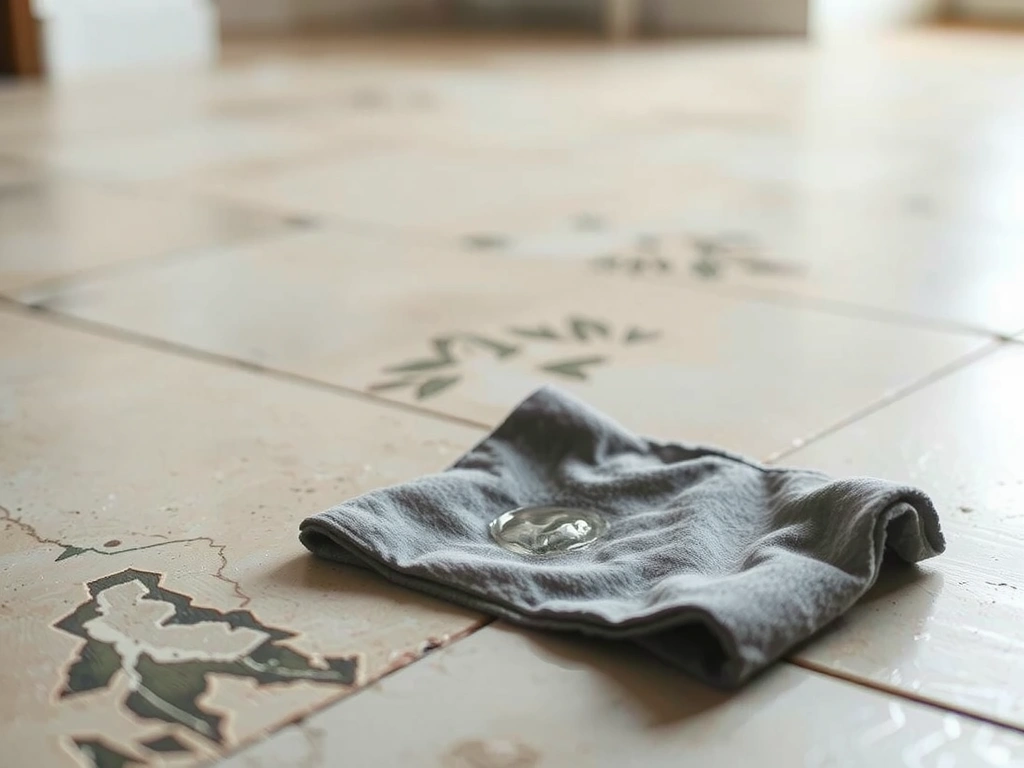 Close-up of honed limestone floor being carefully cleaned.