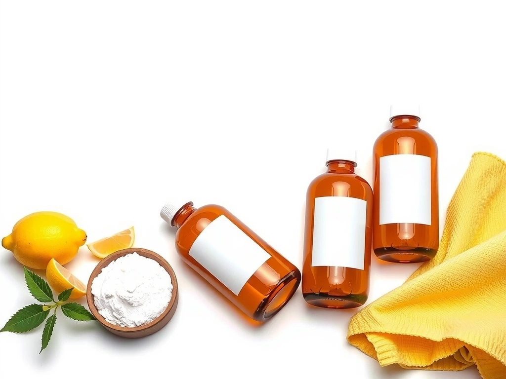 Flat-lay of cleaning products and raw ingredients.